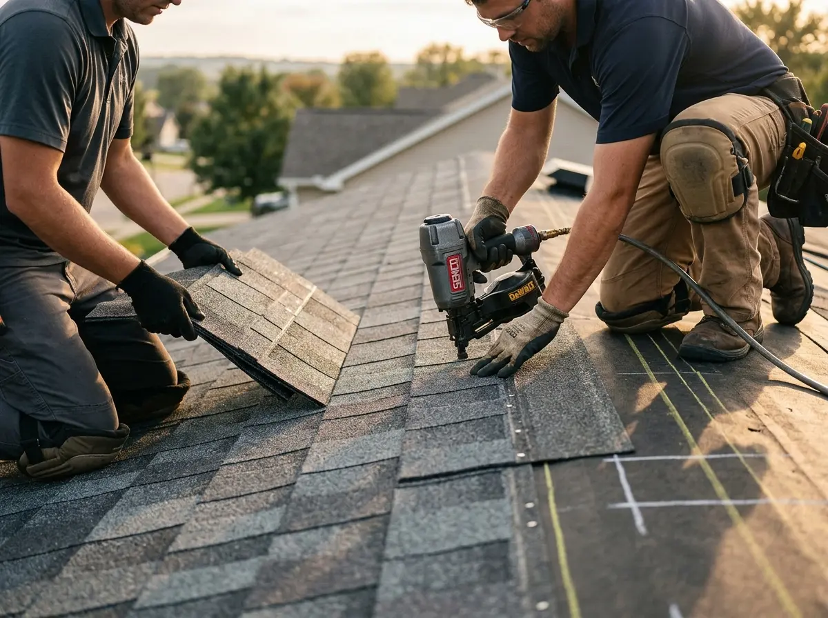 Professional roofer working on a residential roof in New Freedom